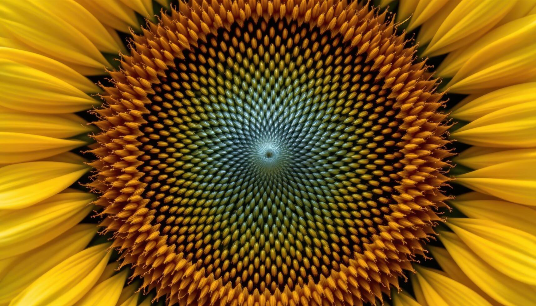 close up view of a large sunflower head with visible seeds forming a perfect fibonacci spiral. photo