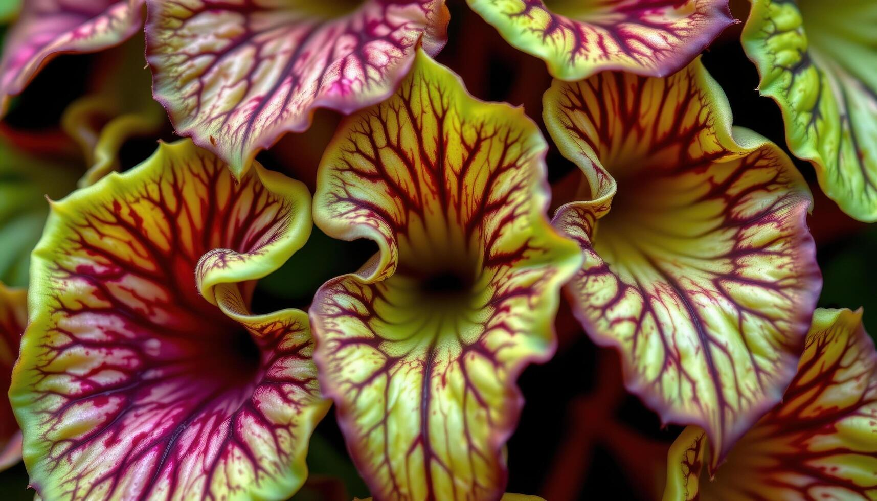 close up view of carnivorous pitcher plant leaves with translucent patterns and vibrant colors. photo