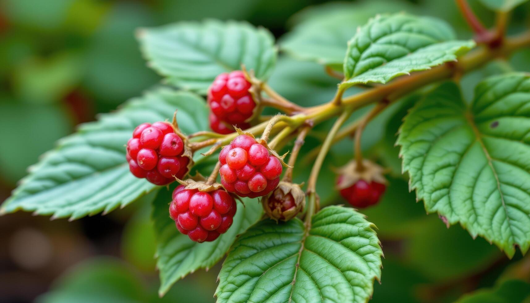 close up view of a raspberry cane with fresh red fruits nestled among serrated leaves. photo