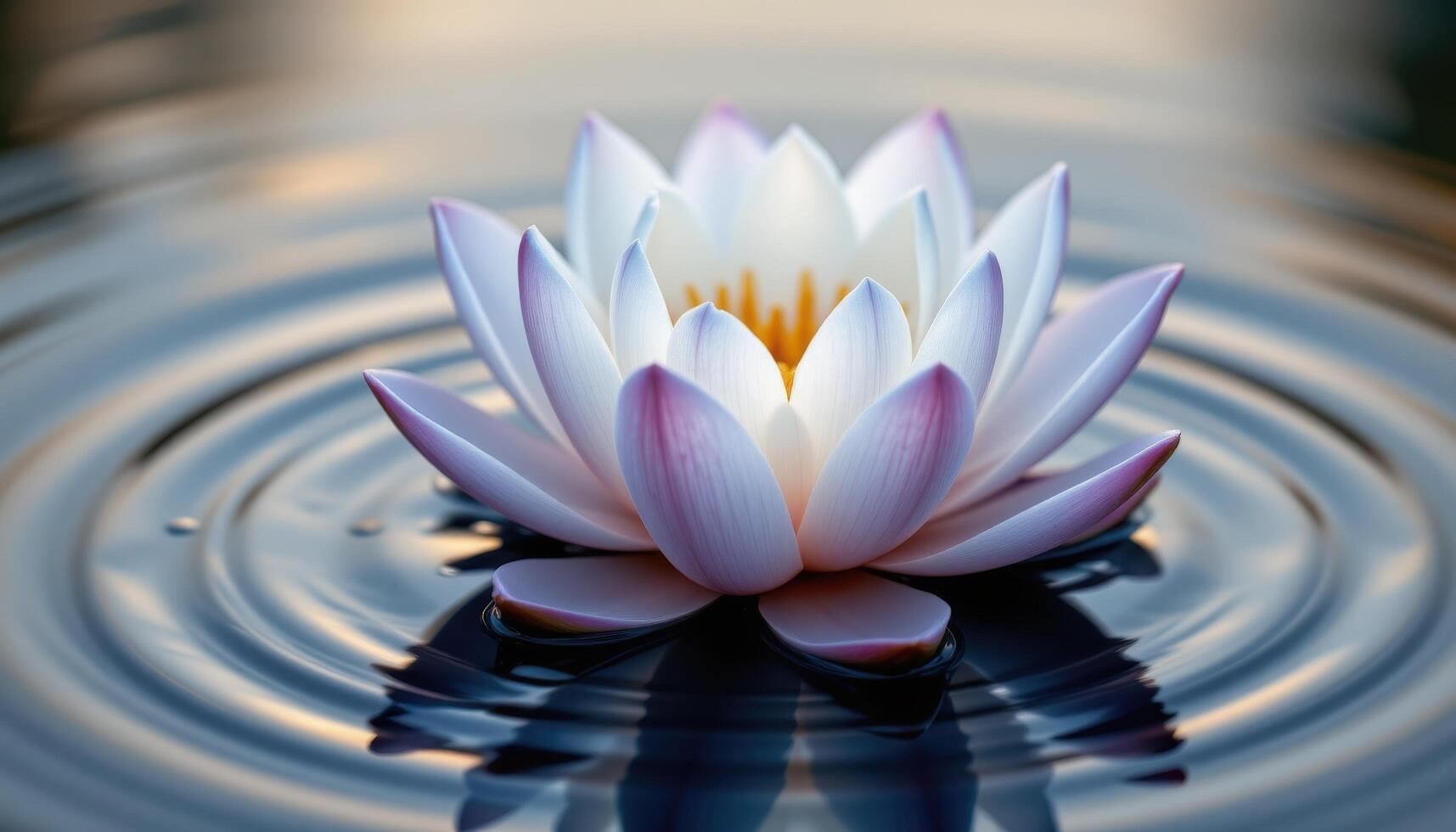 close up view of a lotus flower floating gently on still water with delicate ripples around its base. photo