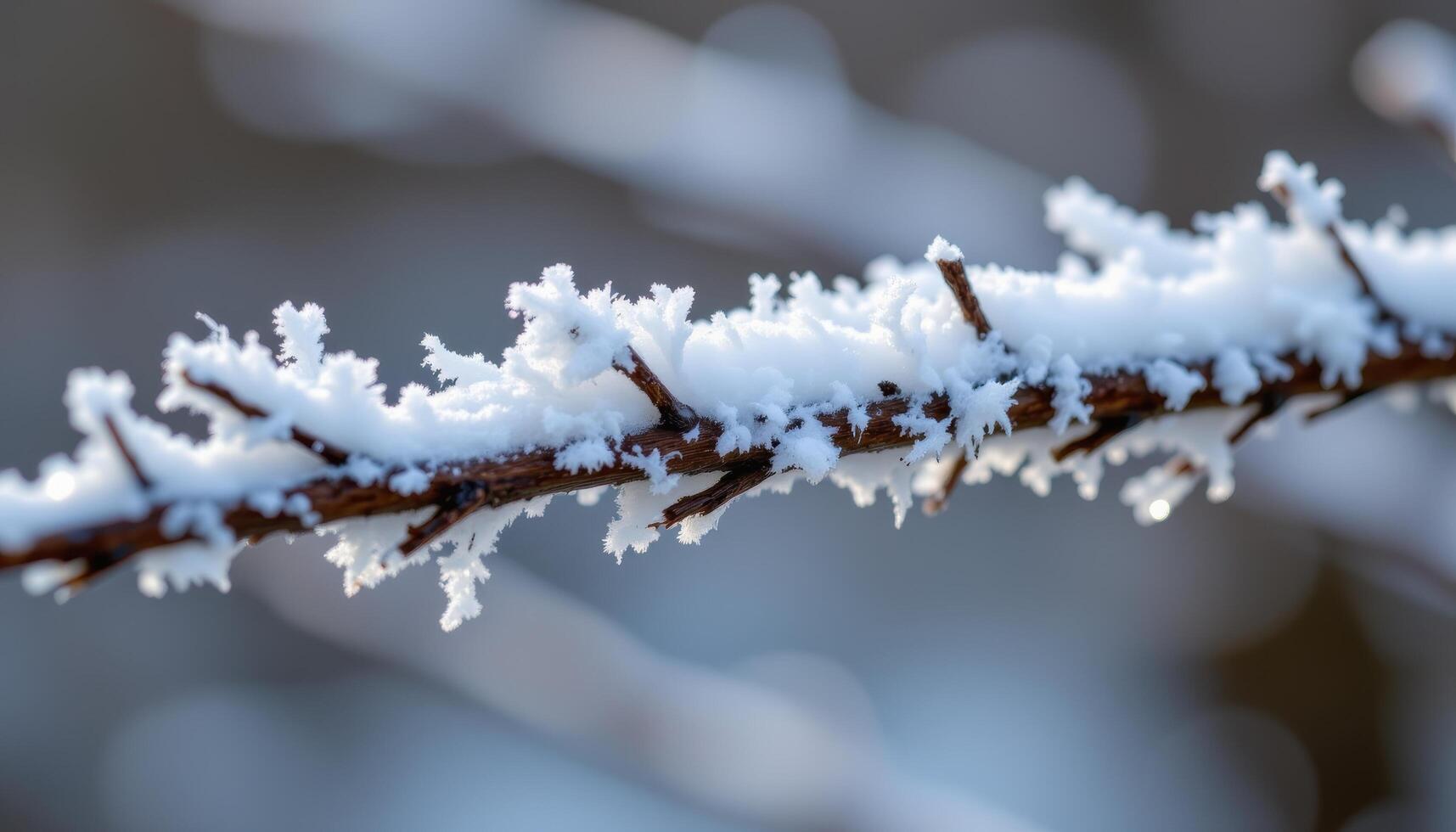 close up view of frost forming crystals on a bare tree branch in early winter. photo