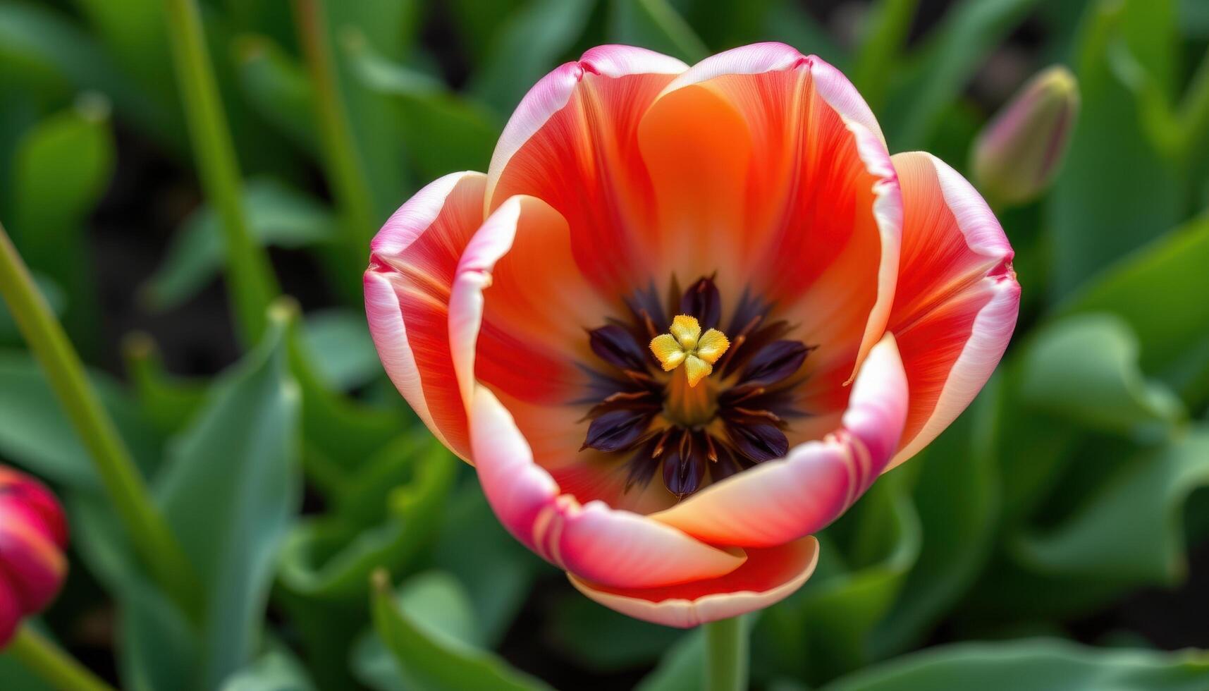close up view of a tulip in full bloom with its inner structures clearly visible. photo
