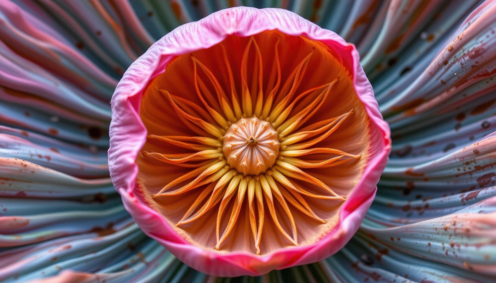 close up view of a lotus pod revealing its geometric seed chambers in rich earthy tones. photo