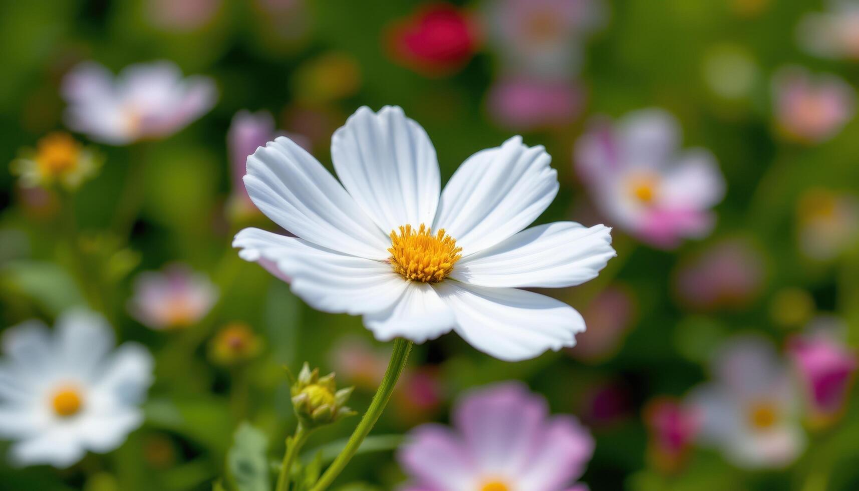 close up view of a white cosmos flower fluttering in the breeze against a blurred green backdrop. photo