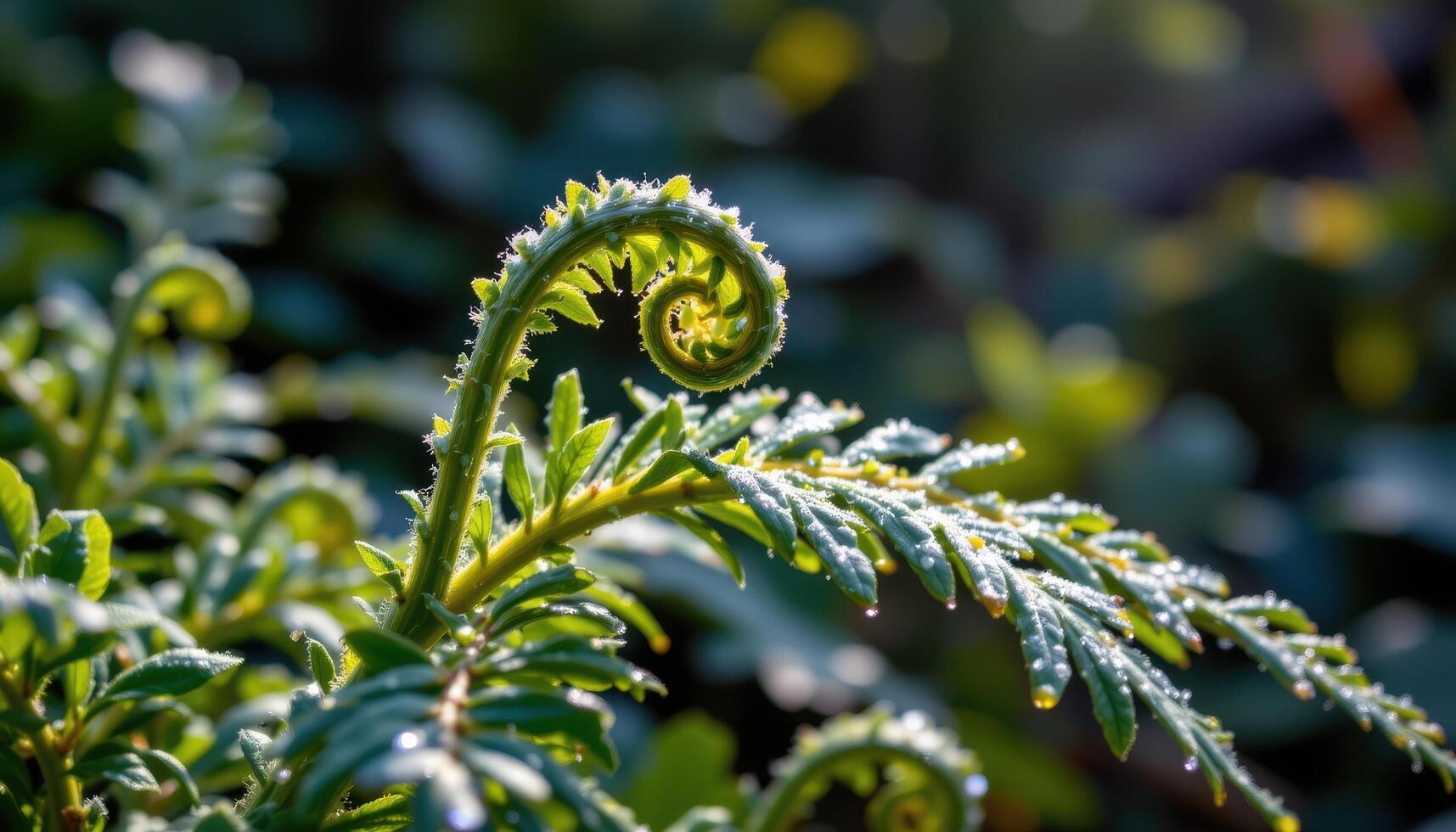 close up view of dew covered fern leaves unfurling in early morning light in a shaded forest. photo