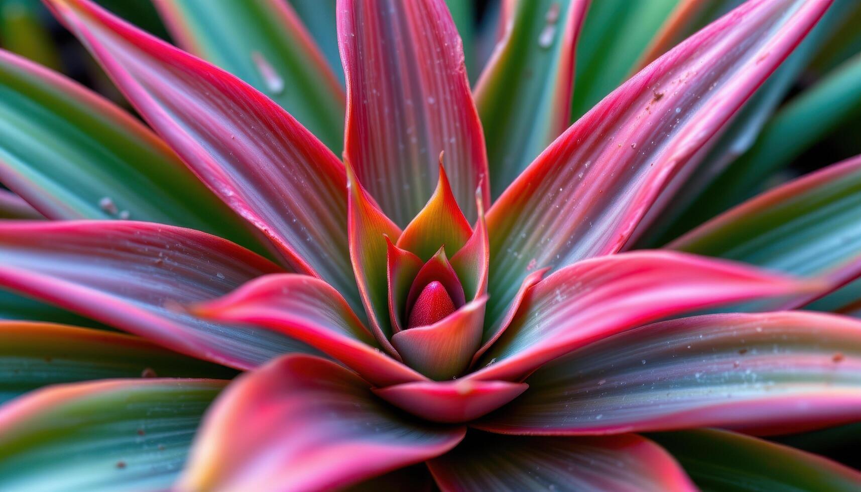 close up view of the edge of a bromeliad with bright red tips and smooth gradient coloring. photo