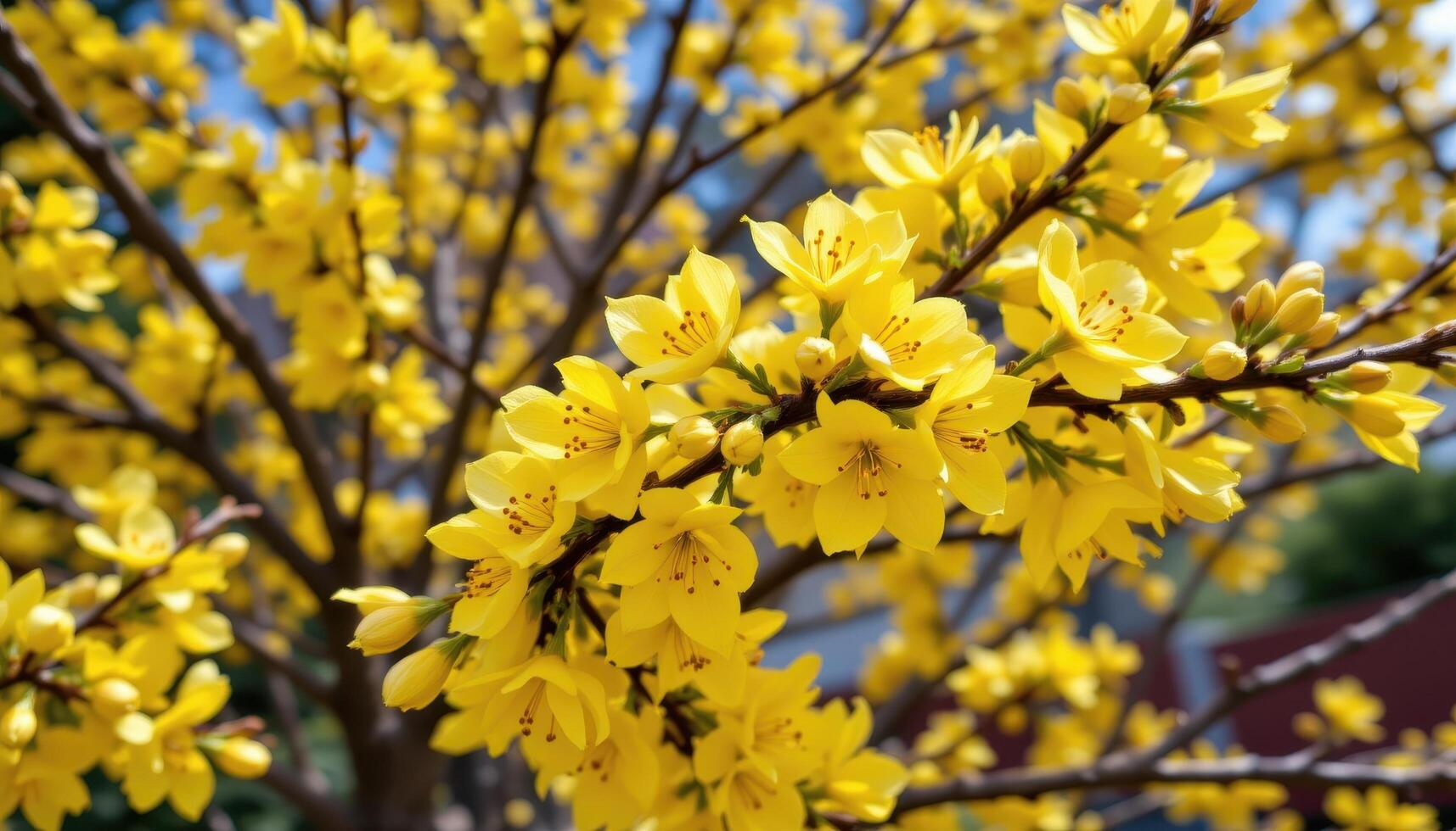 close up view of bright yellow forsythia blossoms marking the start of spring. photo