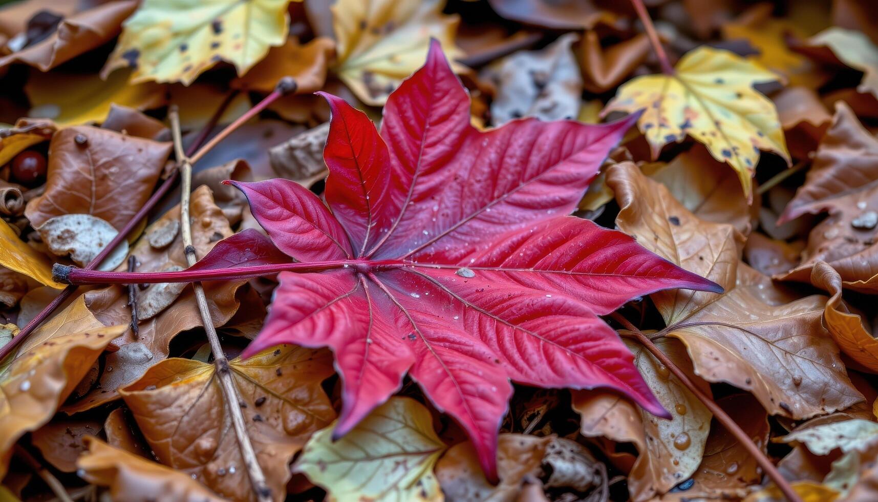 close up view of a red maple leaf with curled edges lying on a bed of wet autumn foliage. photo