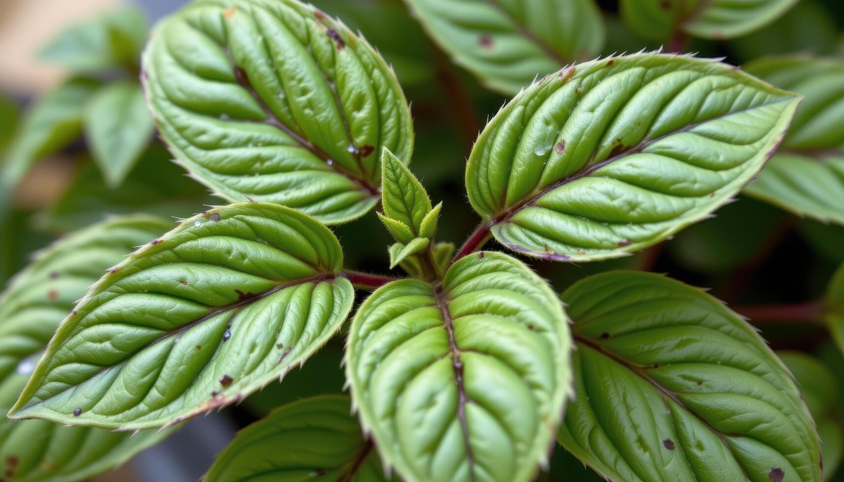 close up view of cinnamon basil leaves with their distinct serration and purplish stems. photo