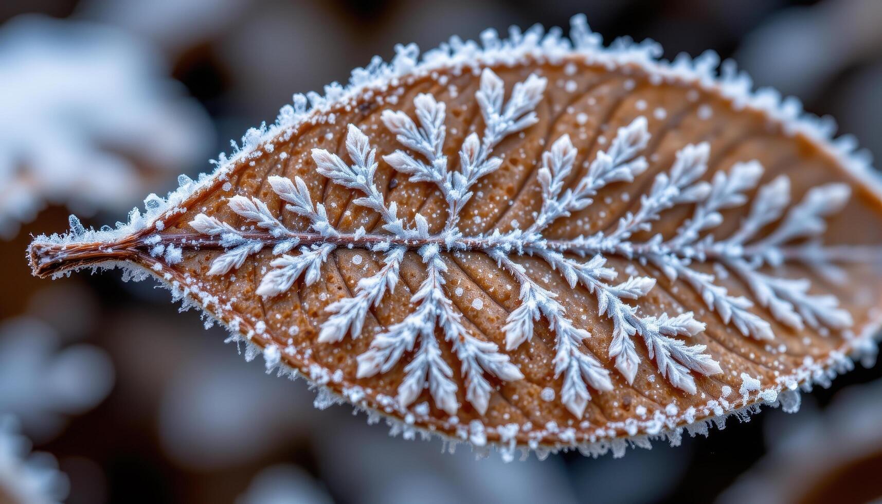 close up view of frost crystals forming intricate patterns on a dead leaf. photo