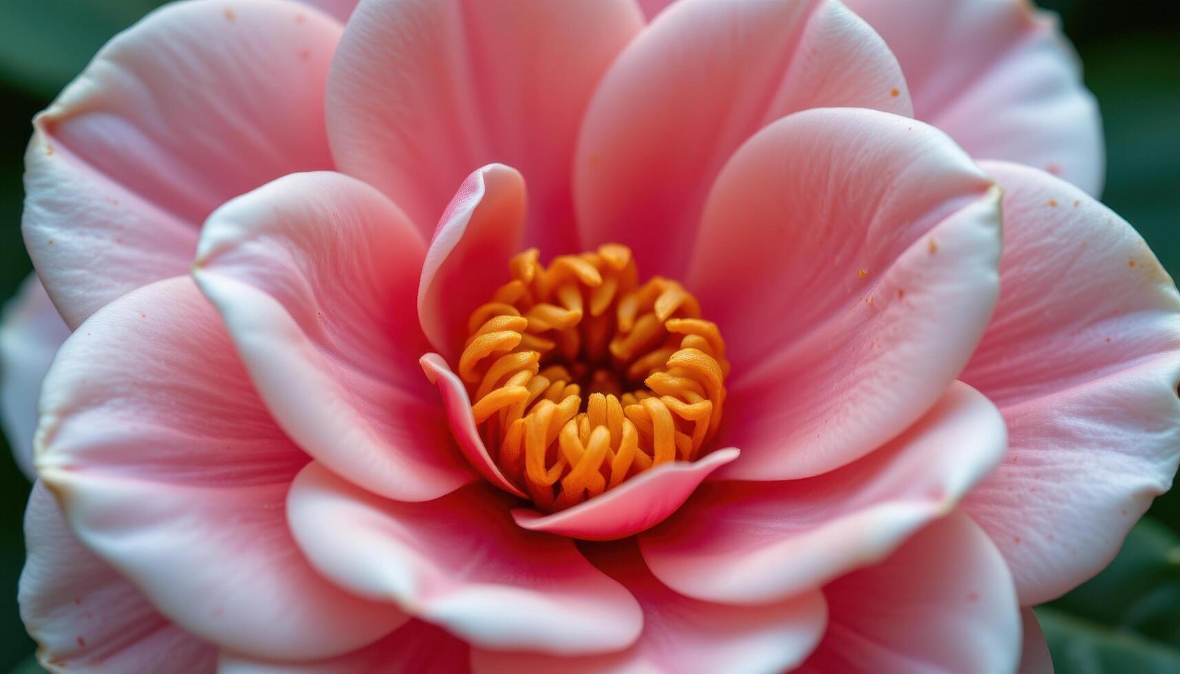 close up view of camellia petals layered tightly around a golden center. photo