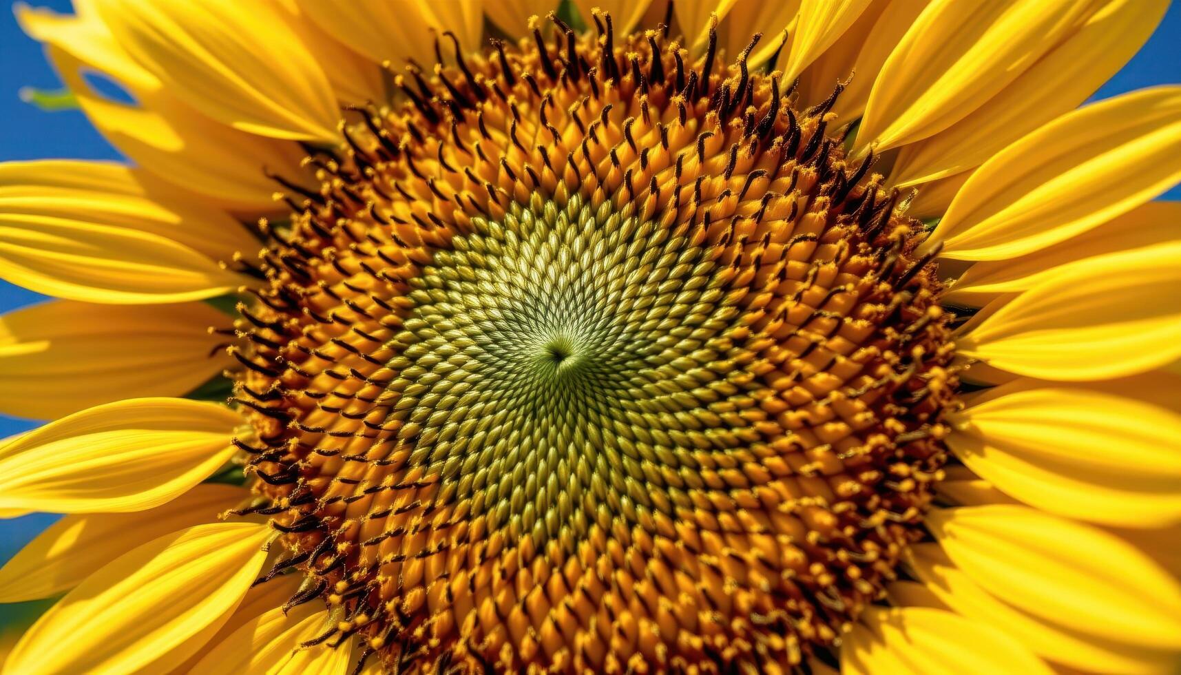 close up view of a sunflower's spiral seed pattern in full bloom under clear blue sky. photo