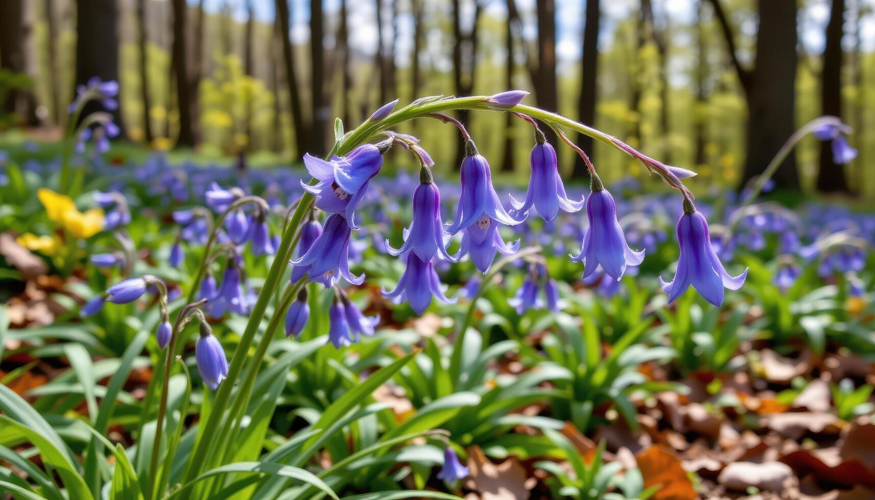 close up view of a cluster of bluebells arching gracefully in a spring woodland. photo