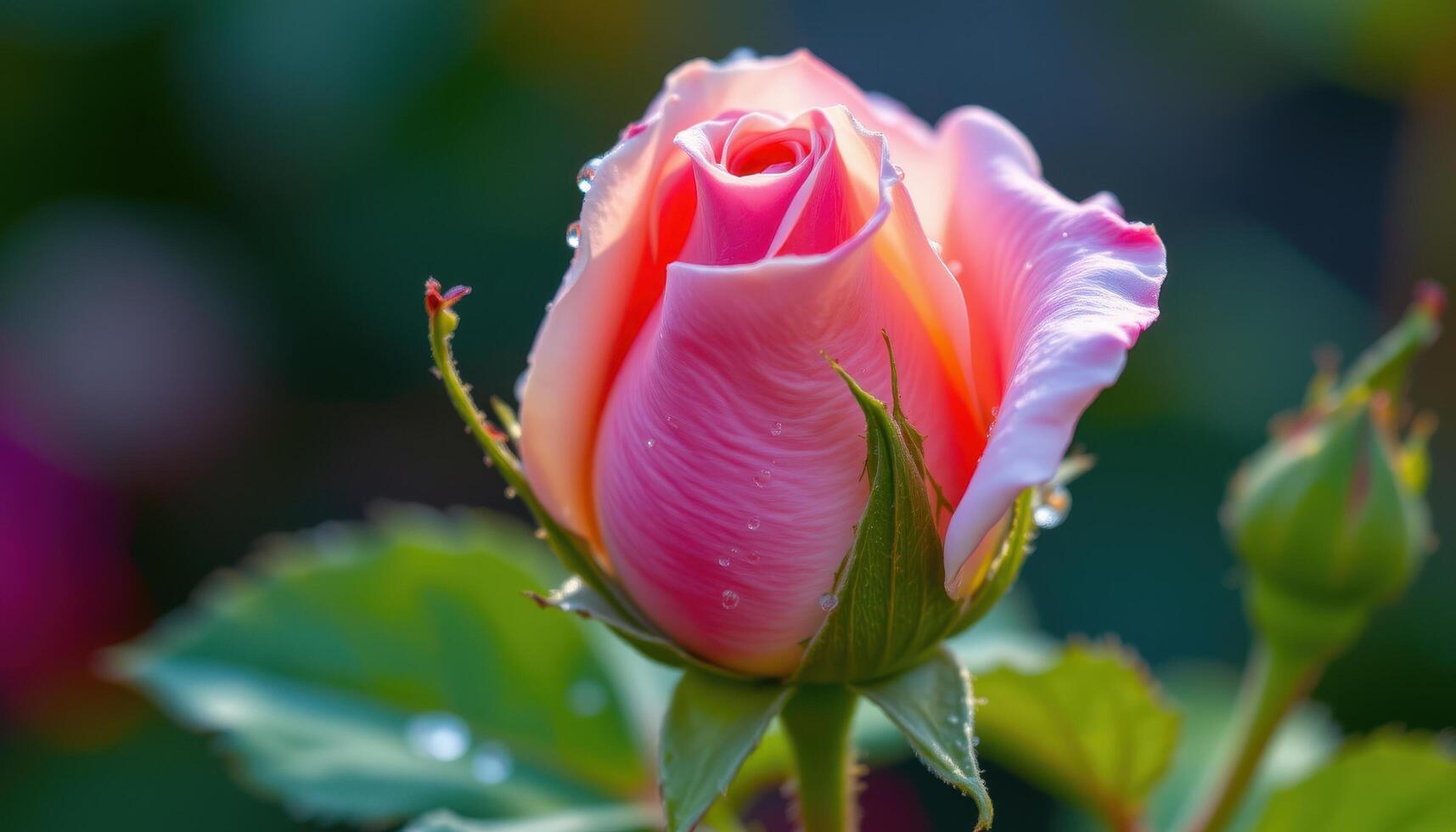 close up view of a rosebud just beginning to open, with morning dew collected on the soft petals. photo