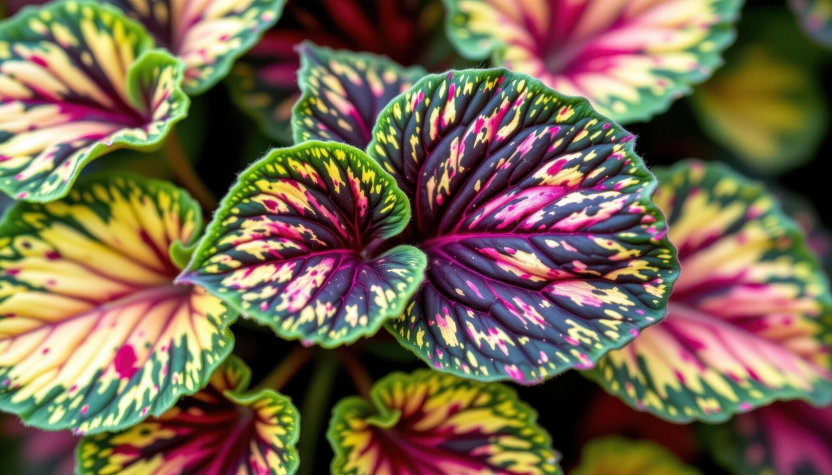 close up view of vibrant coleus leaves displaying multicolor patterns and textures. photo