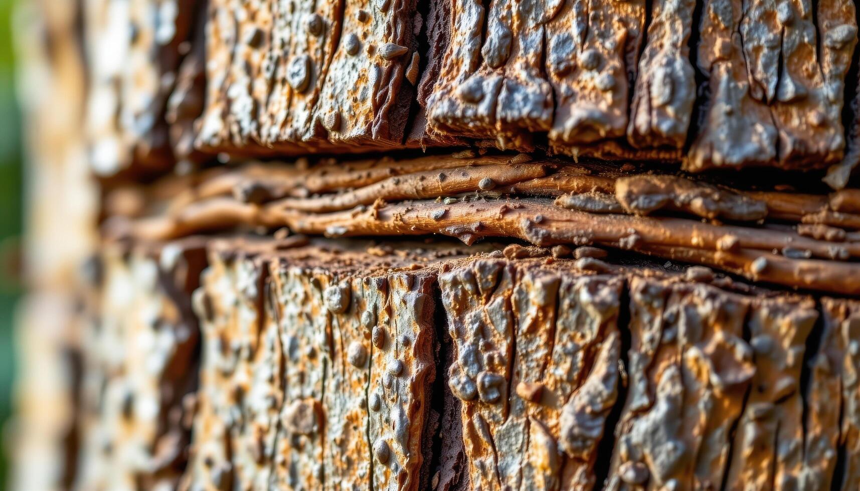 close up view of cinnamon bark layers in warm light highlighting its coarse texture. photo