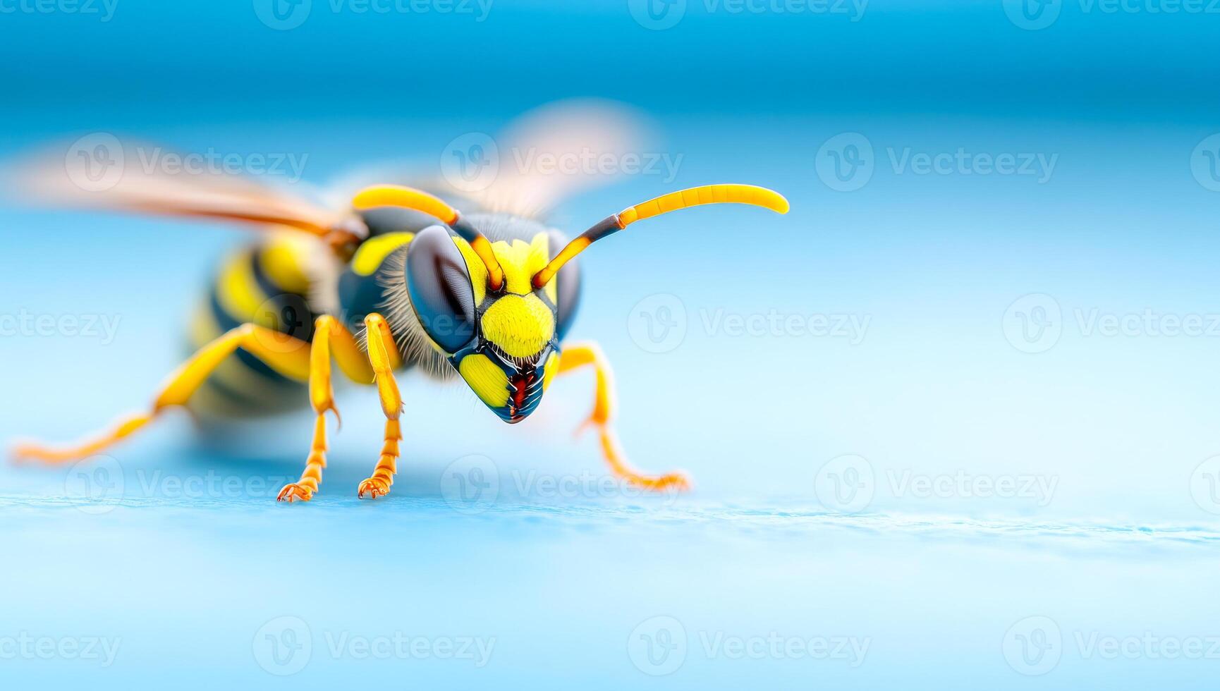 Yellow and black insect on blue. A detailed view of a yellow and black insect moving across a vibrant blue surface in natural light. photo