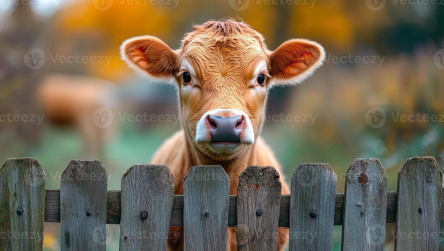 Calf peeking through fence. A young calf peers over a rustic wooden fence while autumn colors paint the background. The scene captures rural charm. photo