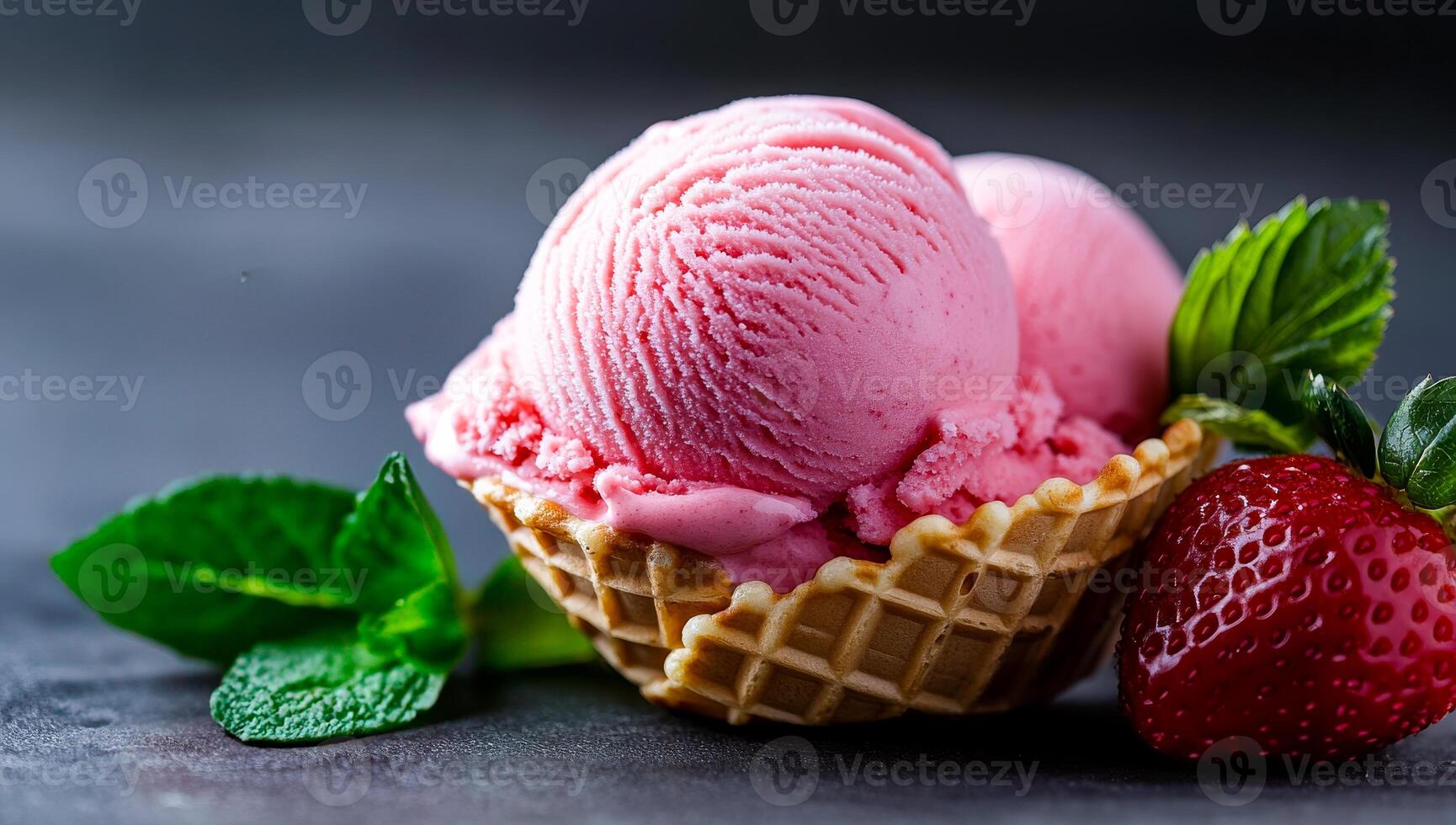 Yummy pink strawberry cone. Two scoops of pink strawberry ice cream sit in a waffle cone, accompanied by fresh mint leaves and a ripe strawberry. photo