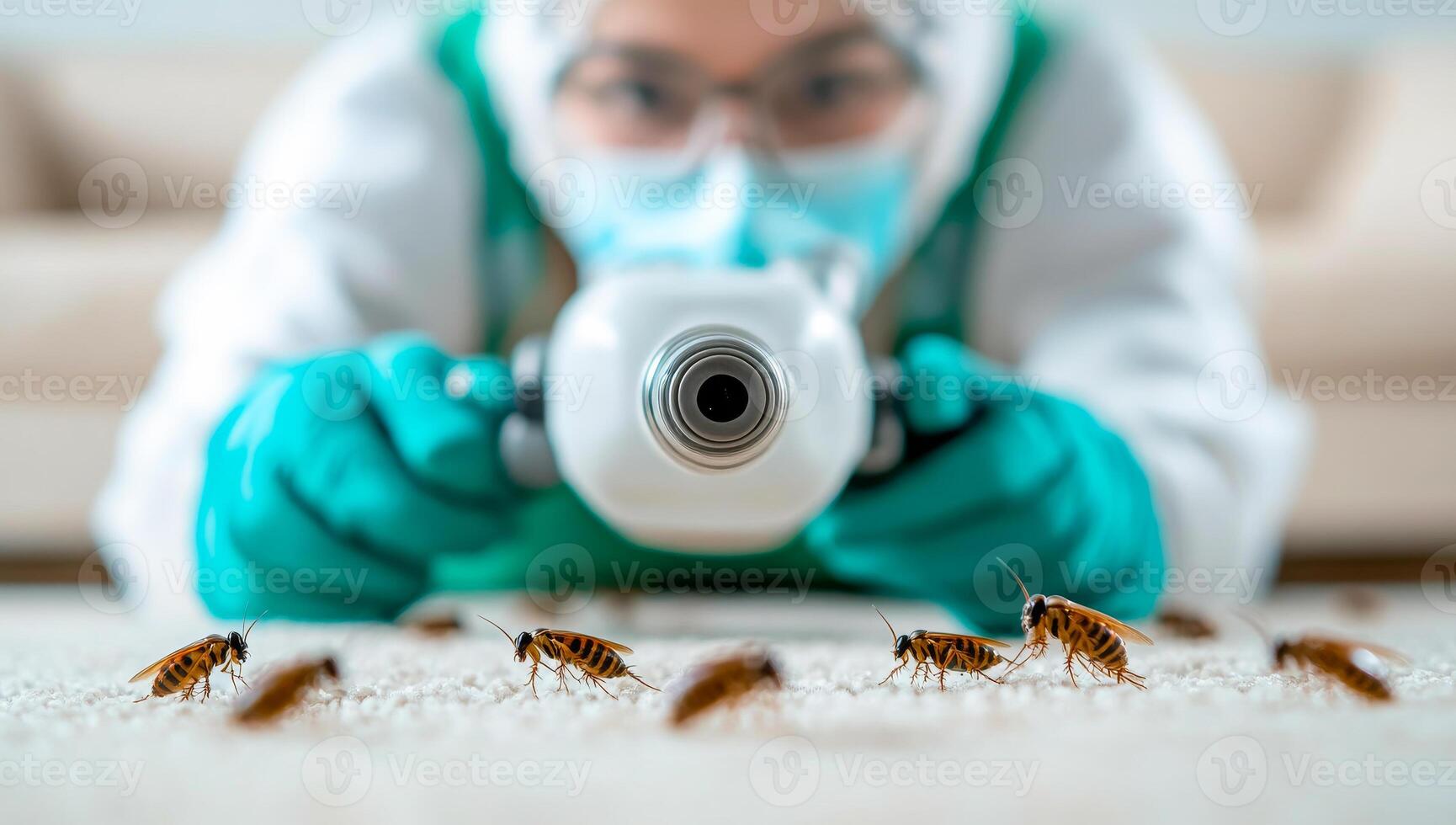 Pro pest control for roaches. A pest control expert targets cockroaches on the floor using a sprayer in a residential setting. photo