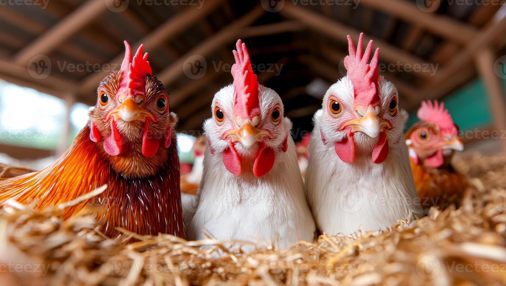 Chickens gathered in a barn setting. A group of colorful chickens stands on straw in a rustic barn, showcasing their vibrant plumage and curious expressions. photo