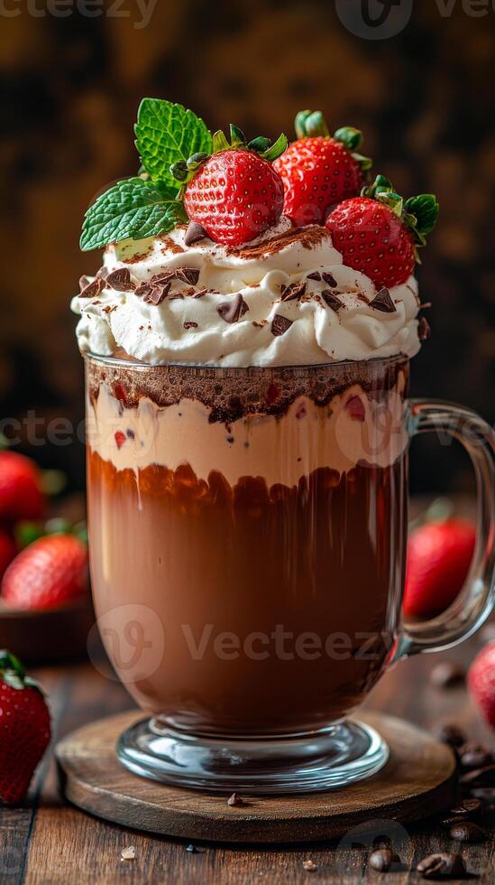 Strawberry-topped hot chocolate. A rich hot chocolate topped with whipped cream and fresh strawberries, served in a glass mug on a wooden table. photo