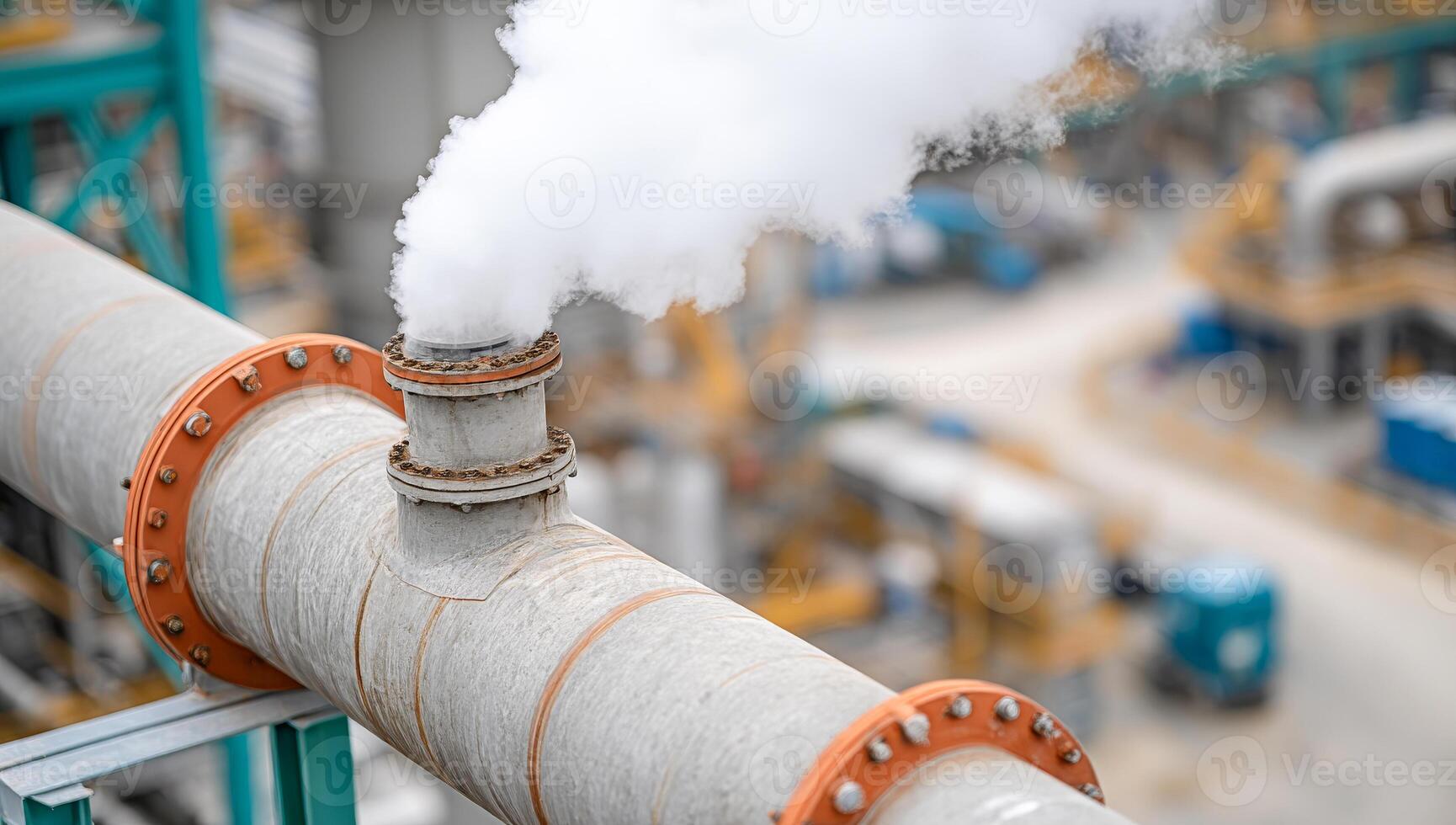 Steam from industrial pipe. Steam rises from a large industrial pipe in a processing facility, highlighting ongoing operations in engineering. photo