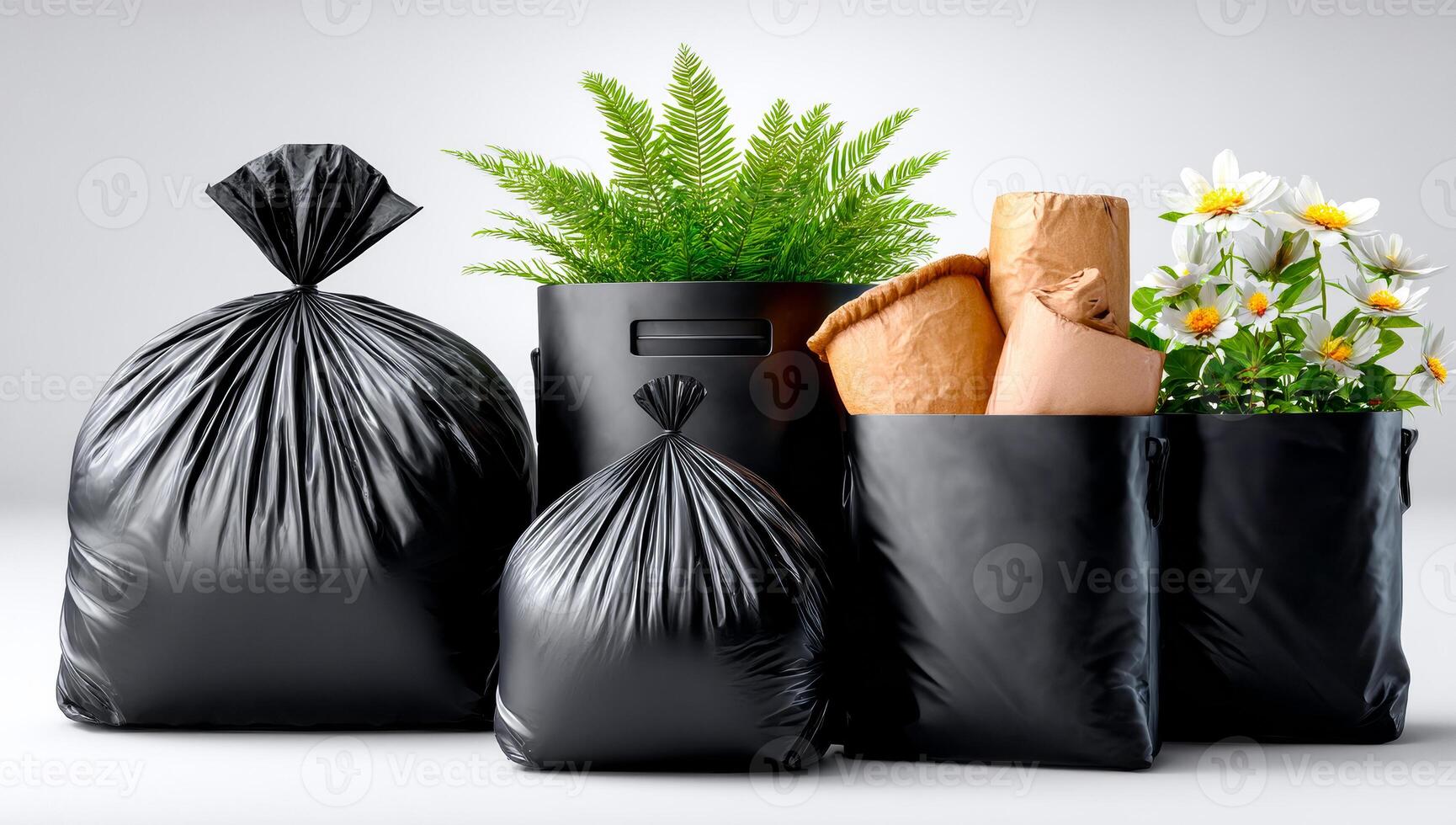 Artfully arranged bags and plants. Several black garbage bags stand next to potted plants and flowers, highlighting contrasts between waste and nature. photo