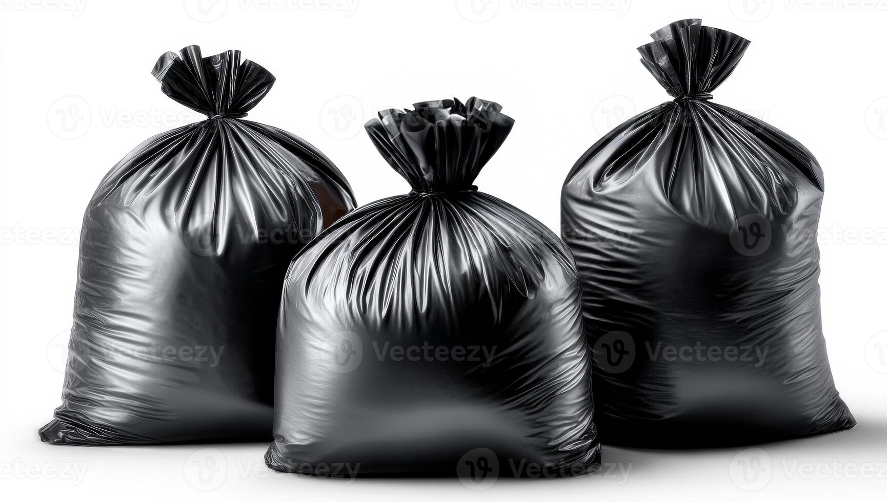 Black garbage bags ready for disposal. Three black garbage bags are neatly tied and prepared for collection in an indoor setting, showcasing waste management. photo