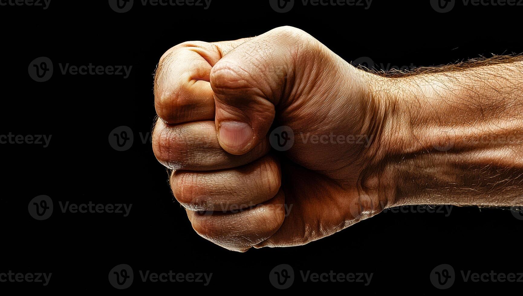 Fist clenched in strength. A close-up of a strong fist being clenched, symbolizing determination and resilience against a dark background. photo