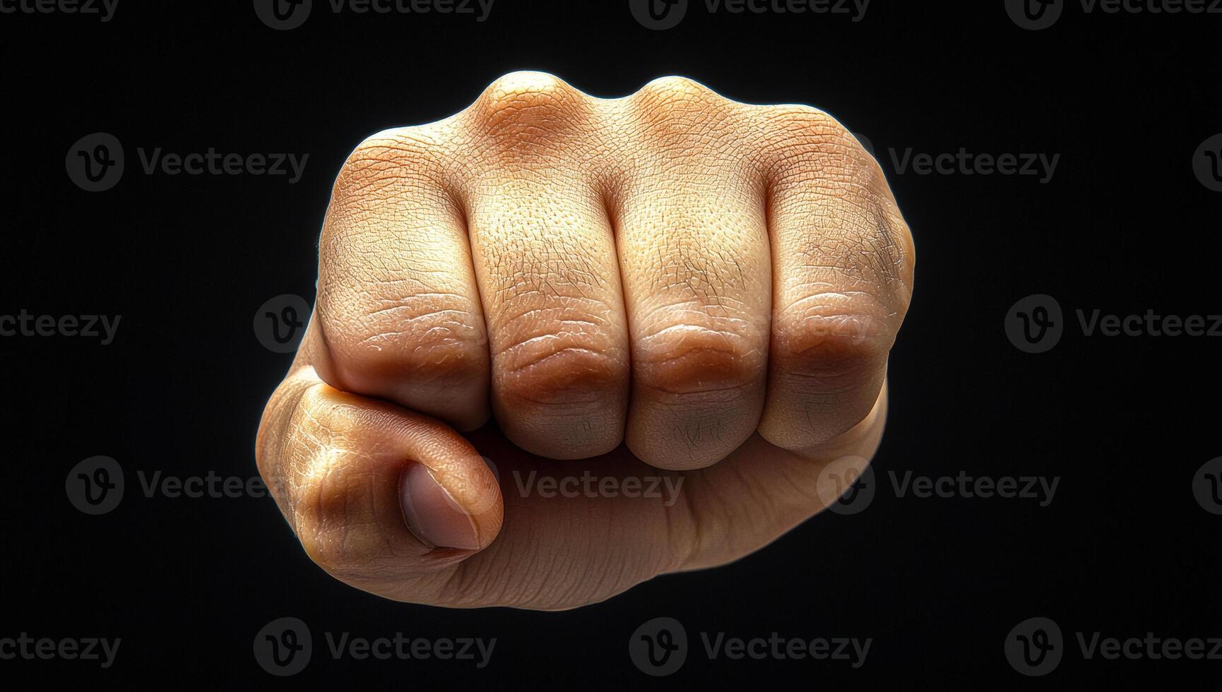 Fist raised in strength. A strong fist emerges from a dark background, symbolizing empowerment and resolve. The knuckles are well-defined. photo