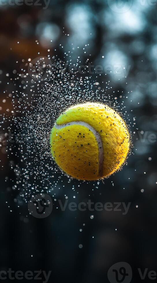 Tennis ball splashes water in mid-air. A bright yellow tennis ball is captured mid-air, surrounded by droplets of water, creating a dynamic and vivid moment. photo