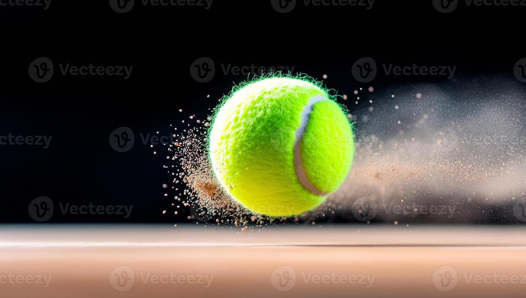Tennis ball bounces on court surface. A vibrant green tennis ball is captured mid-flight, kicking up dust as it rebounds off the court surface. photo