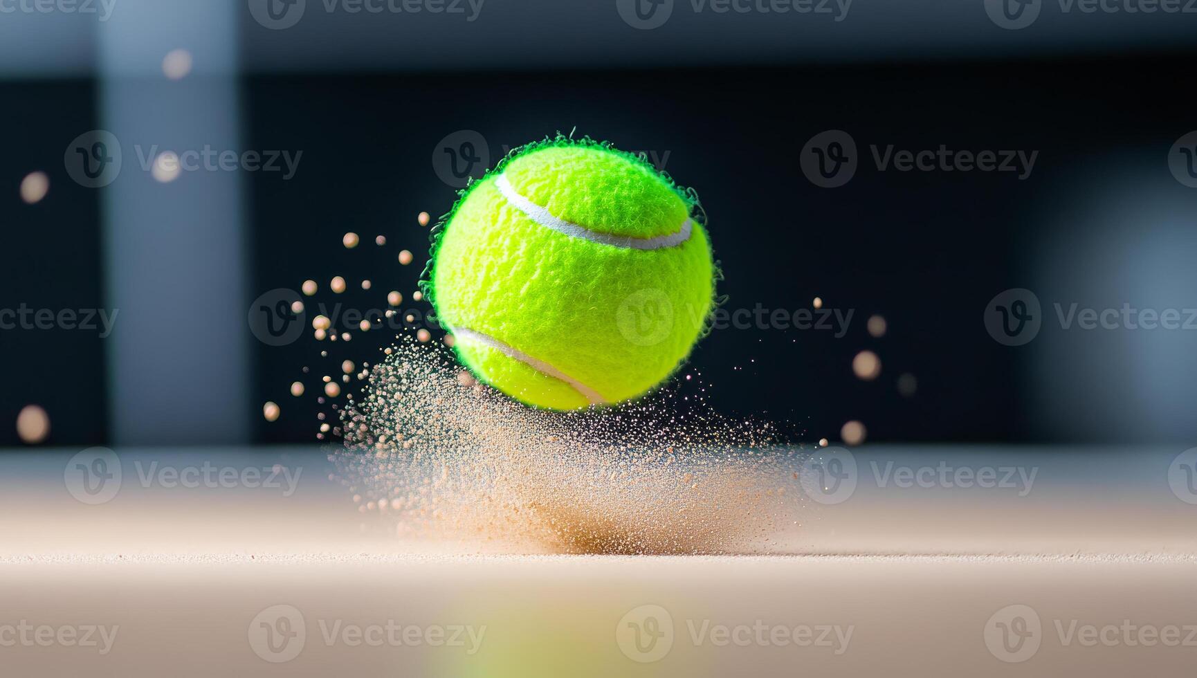 Green tennis ball bounces. A vivid green tennis ball hits the court, sending up clouds of dust as it bounces during an intense match. photo