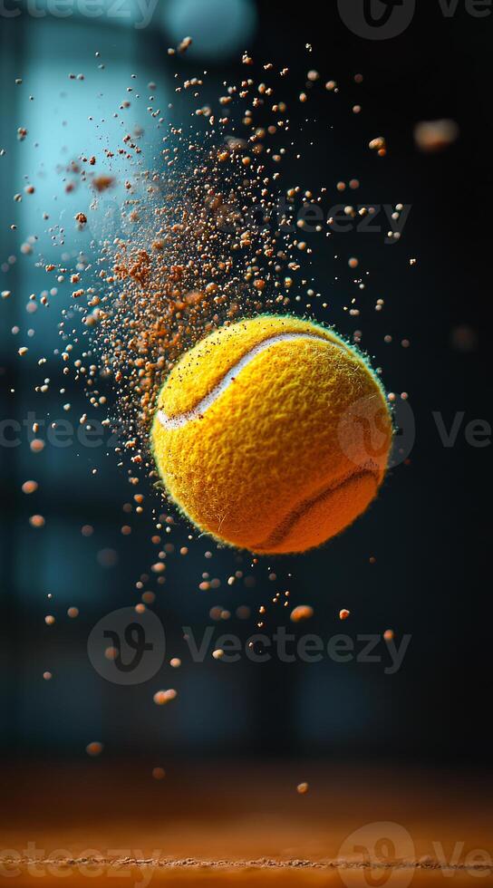 Tennis ball in mid-air during a game. A bright yellow tennis ball hovers in the air, surrounded by a cloud of dust and particles from the court surface. photo