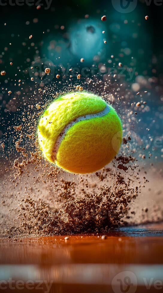 Tennis ball bounces on court surface. A vibrant yellow tennis ball hits the ground, creating a splash of dirt and dust during a match on a sunny day. photo