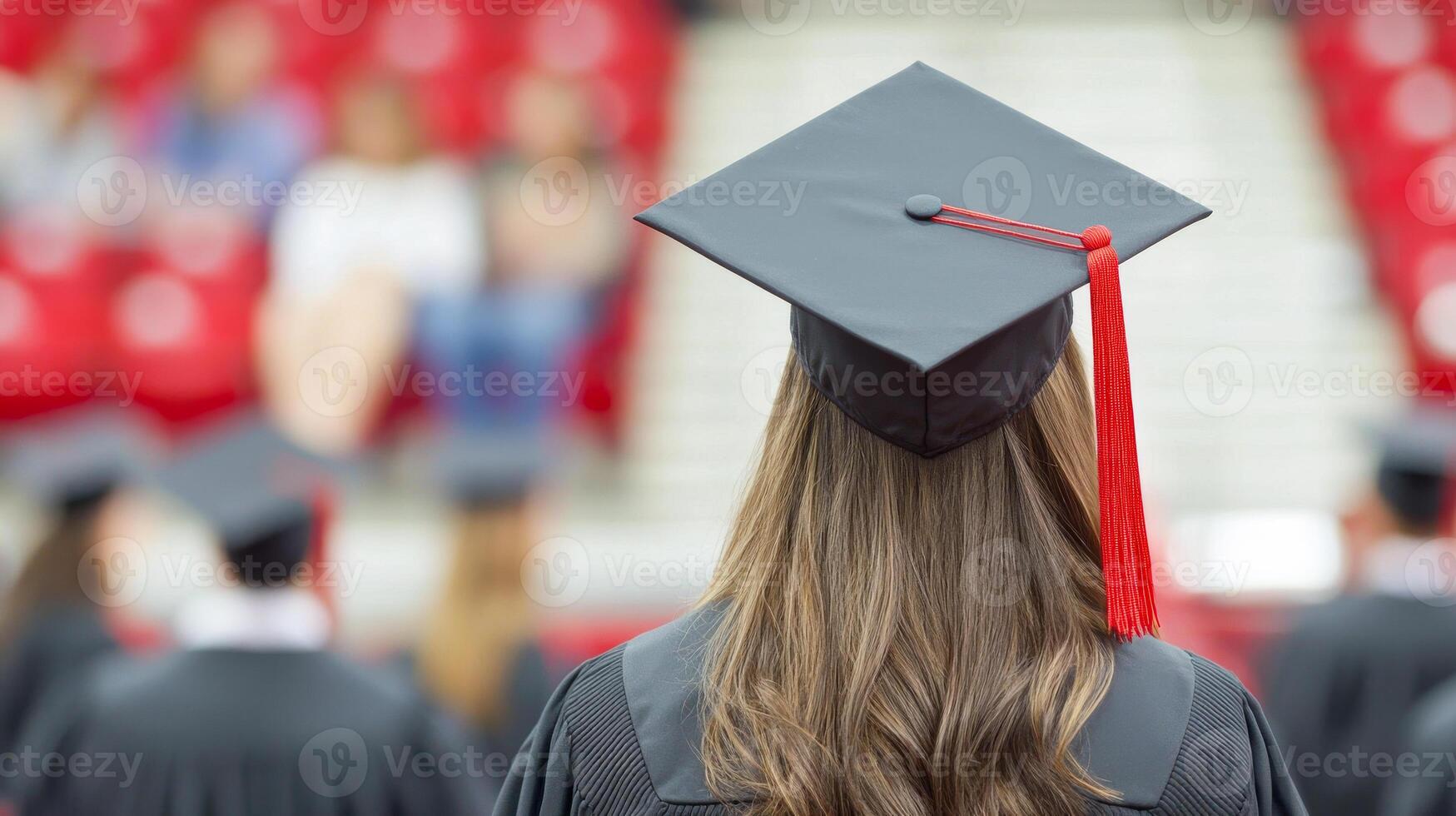 Graduation ceremony in a stadium setting. A graduate stands proud with a cap and gown, awaiting the ceremony to commence in a crowded stadium filled with family. photo