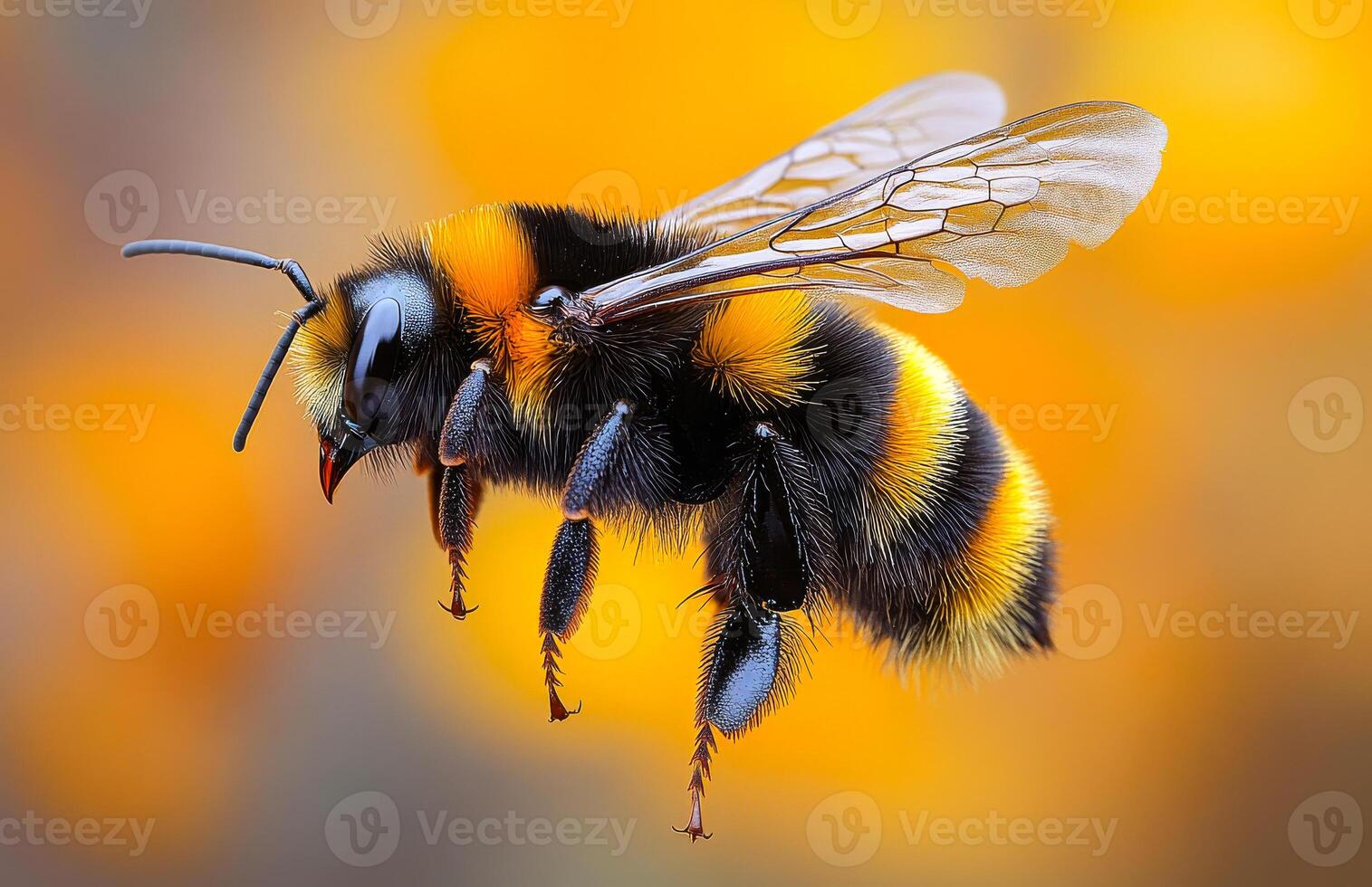 Bumblebee hovering near vibrant flowers. A bumblebee hovers mid-air, flaunting its fuzzy yellow and black stripes against a blurred background. photo