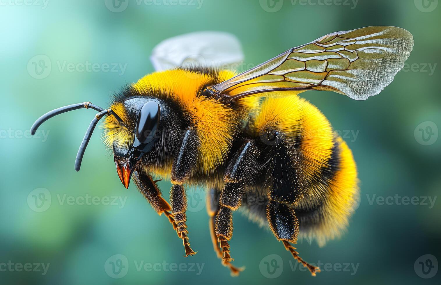Bumblebee hovering in a lush garden. A bumblebee with vivid yellow and black stripes hovers above colorful flowers in a vibrant garden during sunny weather. photo