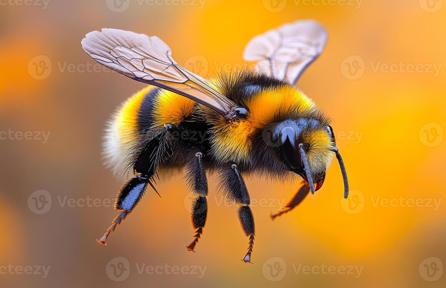 Bumblebee flying in warmth. A bumblebee hovers in the air with vibrant colors surrounding it, showcasing nature's beauty in the afternoon sun. photo