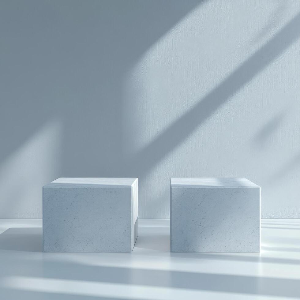 Empty podium and product pedestal showcasing minimalist design with stone cubic podiums ideal for cosmetics placement, creating inviting display space photo
