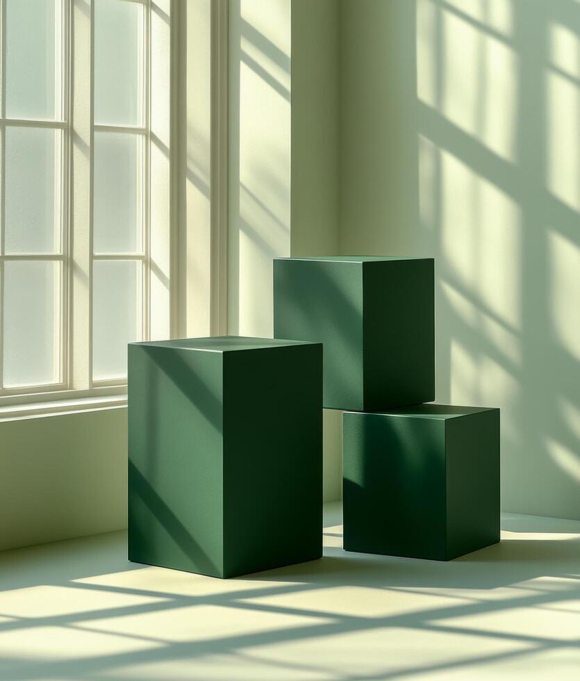 Empty podium and product pedestal display in minimalistic environment featuring cubic podiums offering ample copy space for branding or promotional materials photo