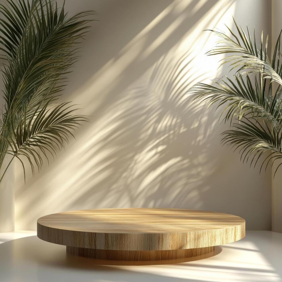 Empty podium for product presentation and display, designed as product pedestal showcasing elegance and simplicity in modern interior setting with natural light and greenery photo