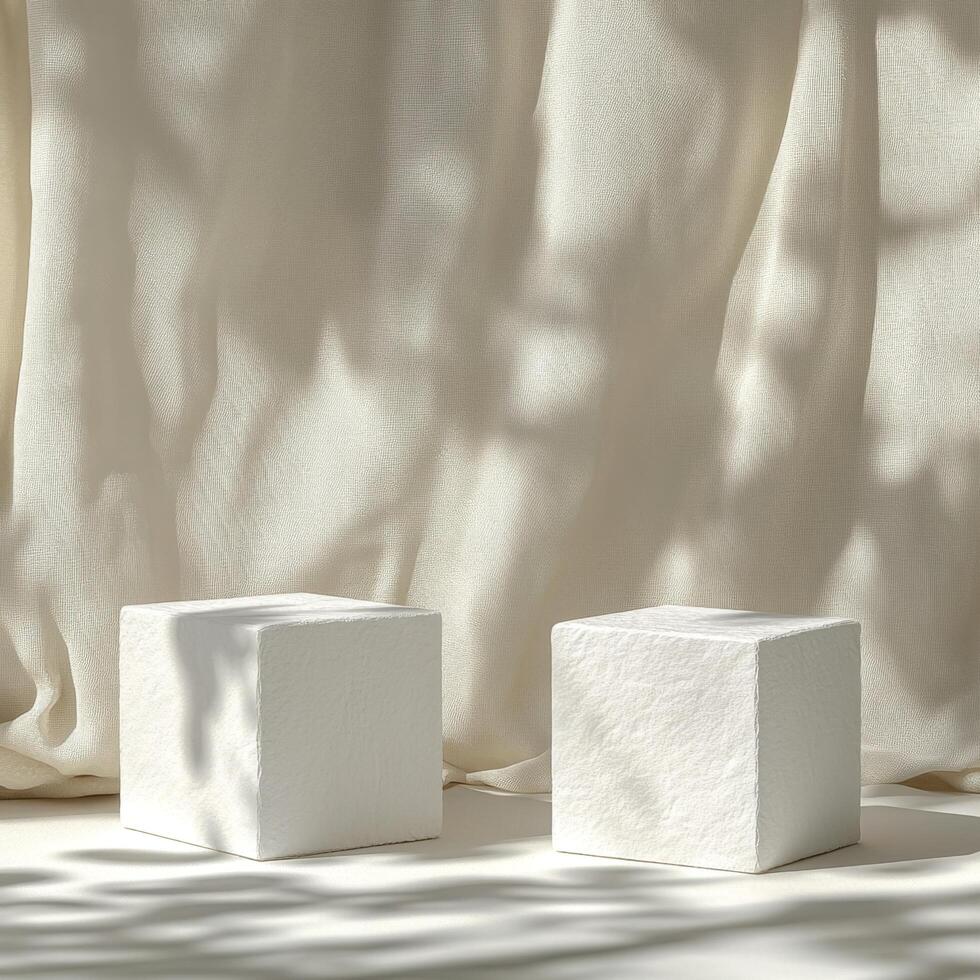 Empty podium and product pedestal composed of stone cubic structures positioned elegantly on a minimalistic background that highlights their textures and shadows photo