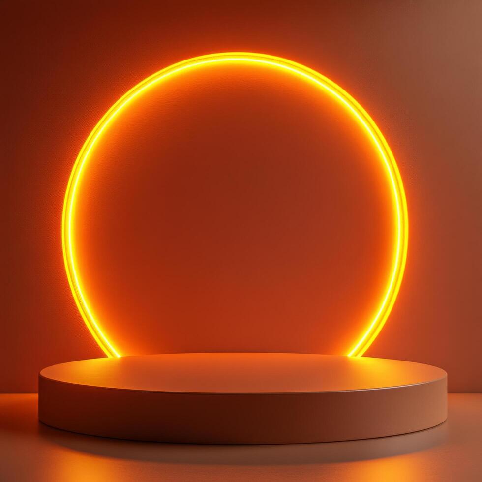 Empty podium for display purposes, featuring product pedestal illuminated by warm orange circular light against soft textured background photo