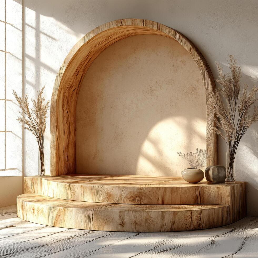 Empty podium and product pedestal in bright room with wooden textures and minimal decor, ideal for showcasing cosmetics or decorative items, creates inviting atmosphere photo