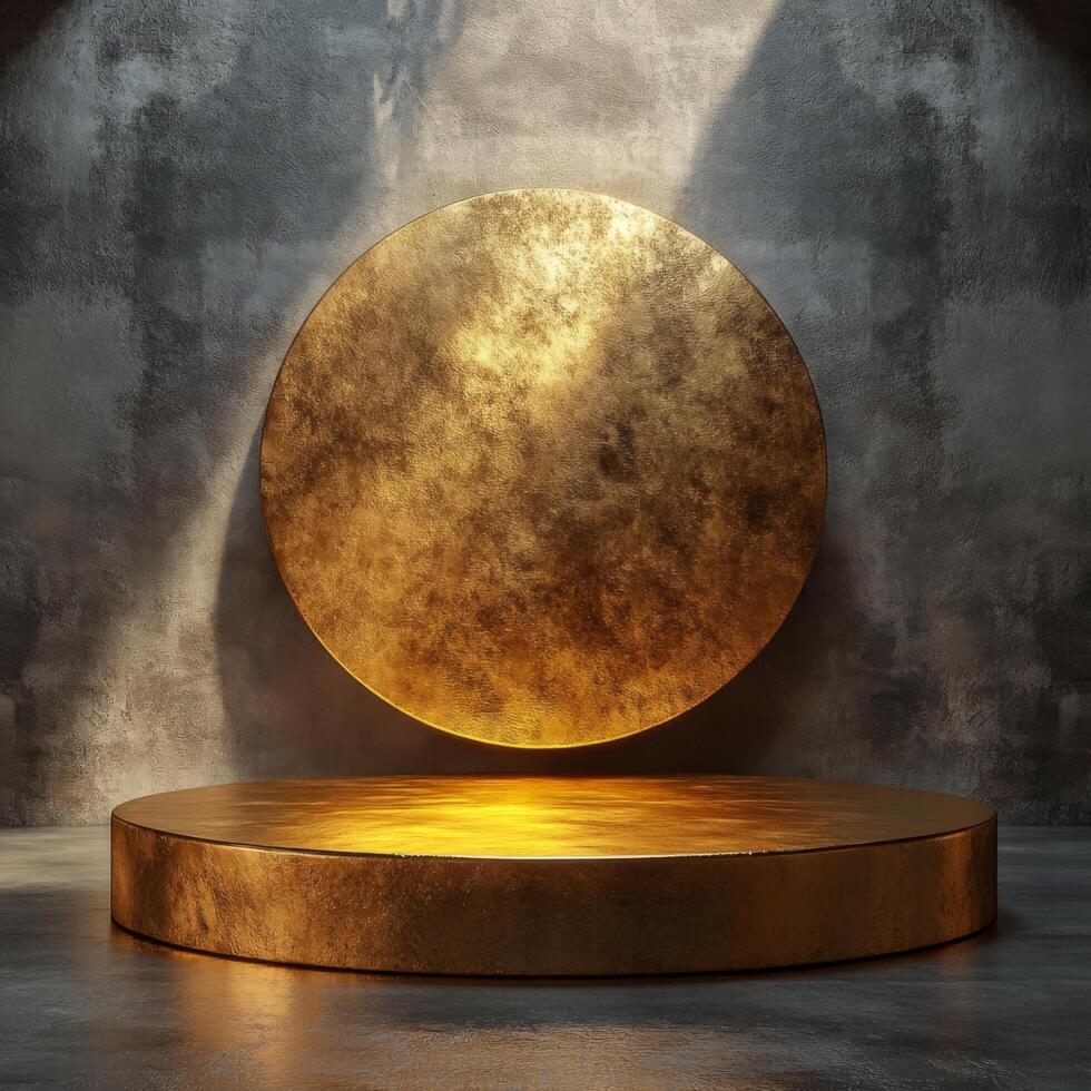 Empty podium and product pedestal display designed for cosmetics, showcasing elegant round structure with warm lighting and smooth surface for promotional events or presentations photo