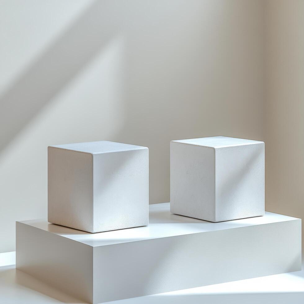Empty podium and product pedestal for display featuring stone cubic podiums ideal for showcasing cosmetics and other products, creating elegant and clean space photo