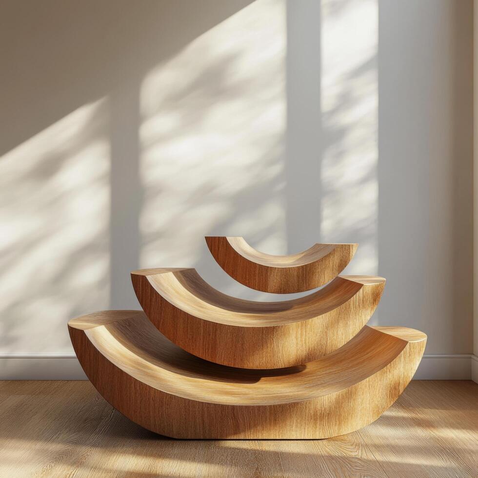 Elegant empty podium serving as product pedestal for display of cosmetics, enhancing visual appeal with smooth curves and warm wooden finish in inviting interior setting photo