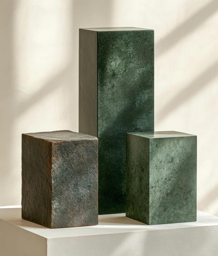 Empty podium display with stone cubic podiums and product pedestal for showcasing cosmetics and beauty items in minimalist setting photo